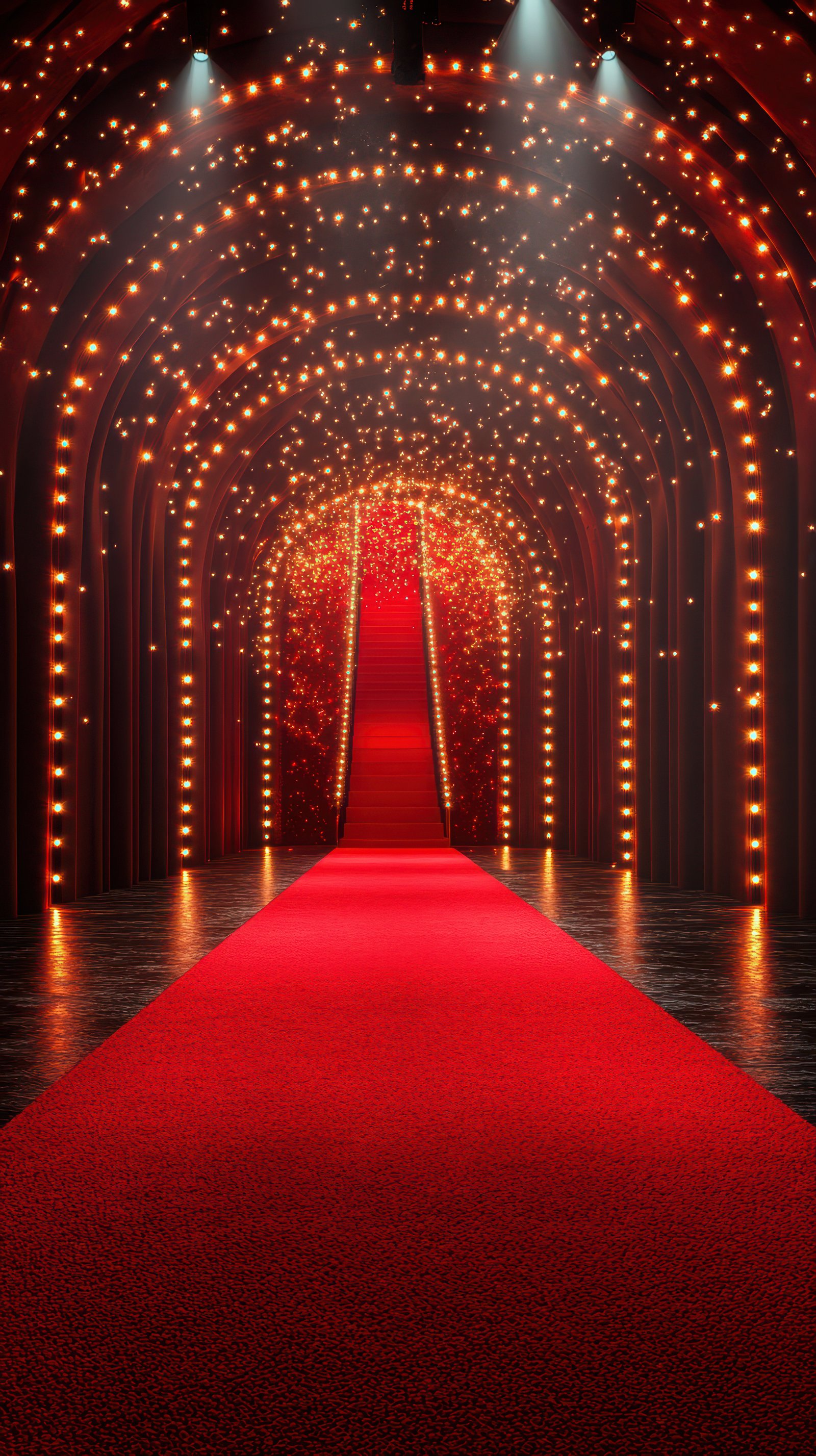 Red carpet entrance illuminated by sparkling lights in an elegant venue setting during an evening event